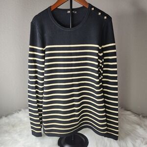 J Mclaughlin XS Jamey Sweater Crewneck Knit Long Sleeve Holiday Blk Gold Stripe